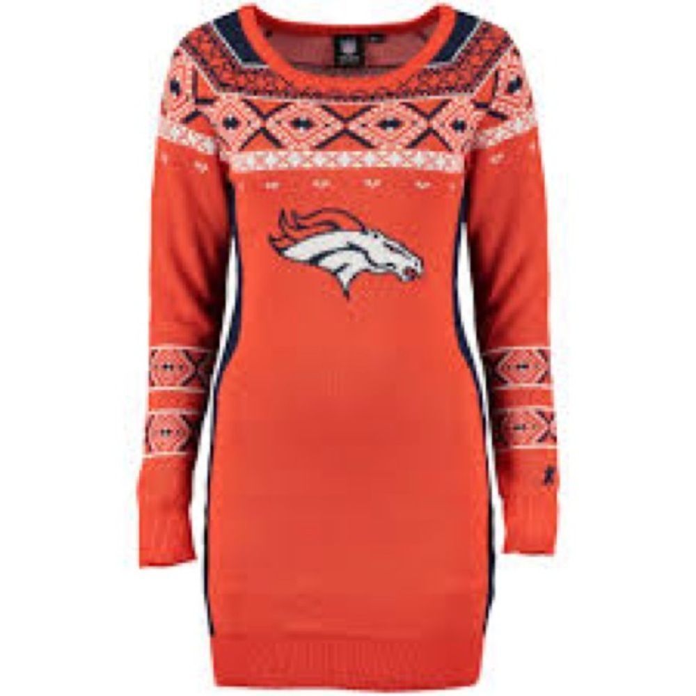 NFL Womens Klew Orange Denver Broncos Big Logo Ugly Sweater Dress Orange Blue XL